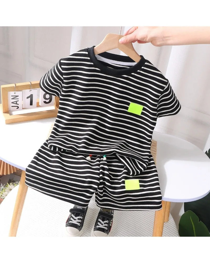 2Pcs Fashion Children Short Sleeve Shorts Sets Summer Kids Clothes Boys Baby Cotton Tee Pant Outfits Black and White Stripe - TiniLoom