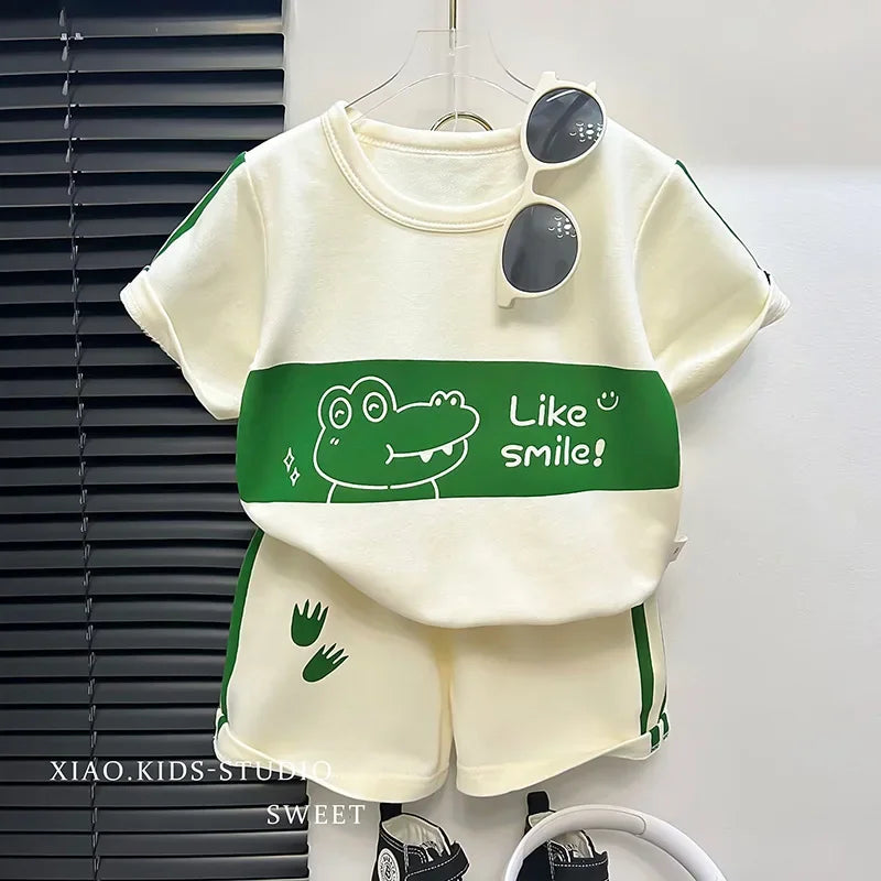 2024 New Kids Short Sleeve Suit Striped Girls Boys Set Summer Tops +short Baby Clothes Children's Wear - TiniLoom