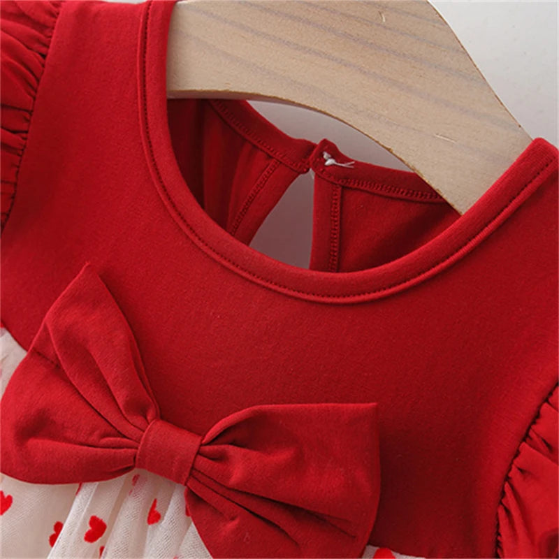 Baby Girl Red Dress Heart Embroidered Mesh Bow Tutu Dress Kids Birthday Party Clothes - TiniLoom