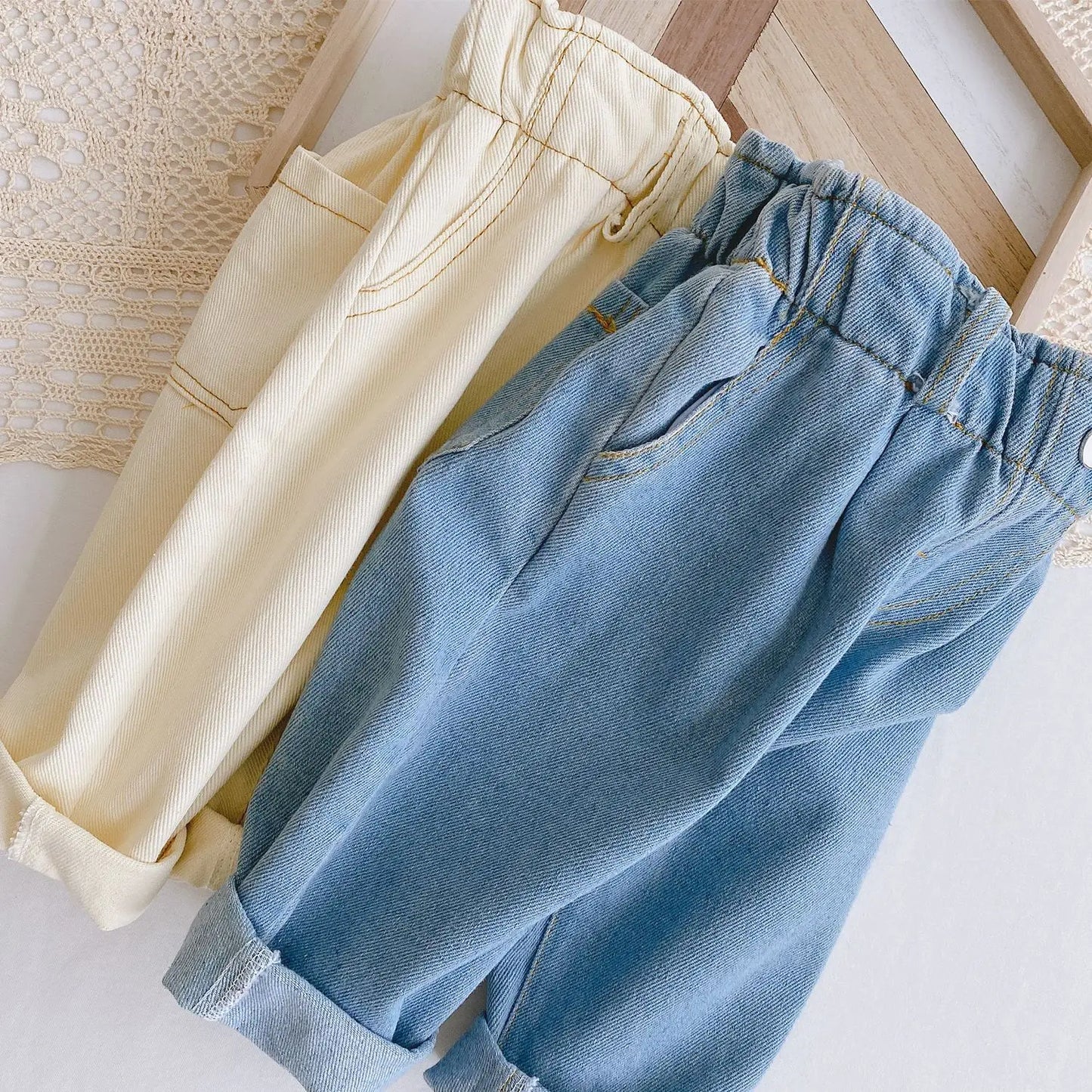 Baby Solid Color Jeans 0-3 Years Old Baby Spring Dress Girls Korean High Waist Casual Pants Boys Pants - TiniLoom