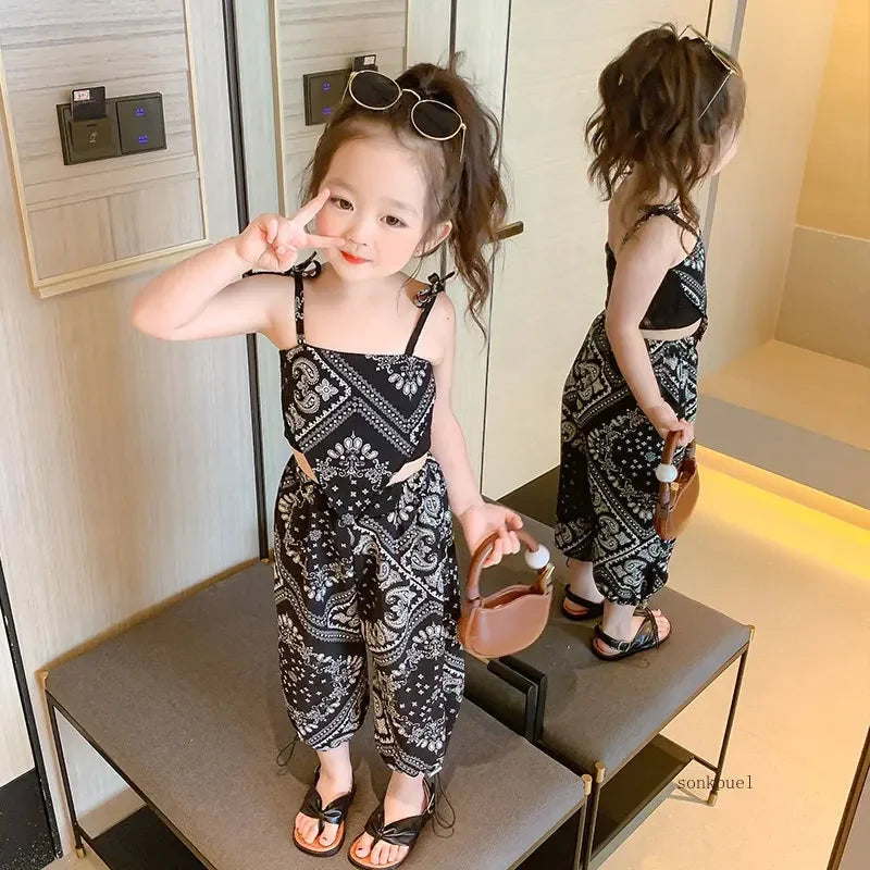 3-6Years Summer Suit Thin Girls Suit Suspender Mosquito-proof Pants Two Pieces of Cute Girl Children's Clothes - TiniLoom