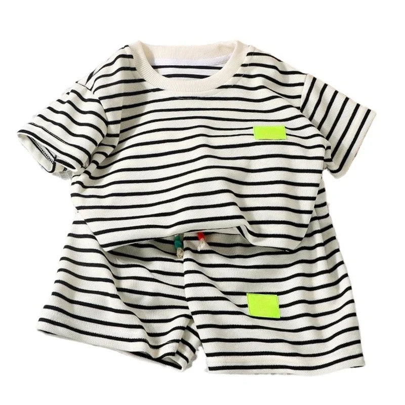 2Pcs Fashion Children Short Sleeve Shorts Sets Summer Kids Clothes Boys Baby Cotton Tee Pant Outfits Black and White Stripe - TiniLoom