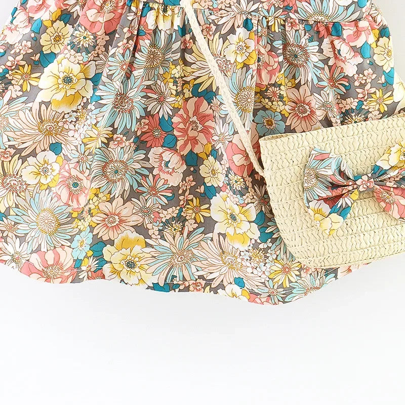 (Girls 0-3 years old)New Summer Girls Dress Halter Small Flying Sleeve Ruffled Flowers Full Print + Crossbody Bag A-line Dress - TiniLoom