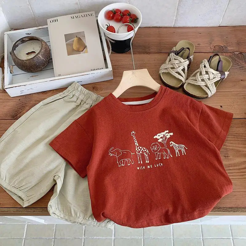 Summer Boys Solid Color Base Shirt Pure Cotton Clothing Thin Round Neck Short Sleeve Tops Child New Print T-shirt Outer Wear - TiniLoom