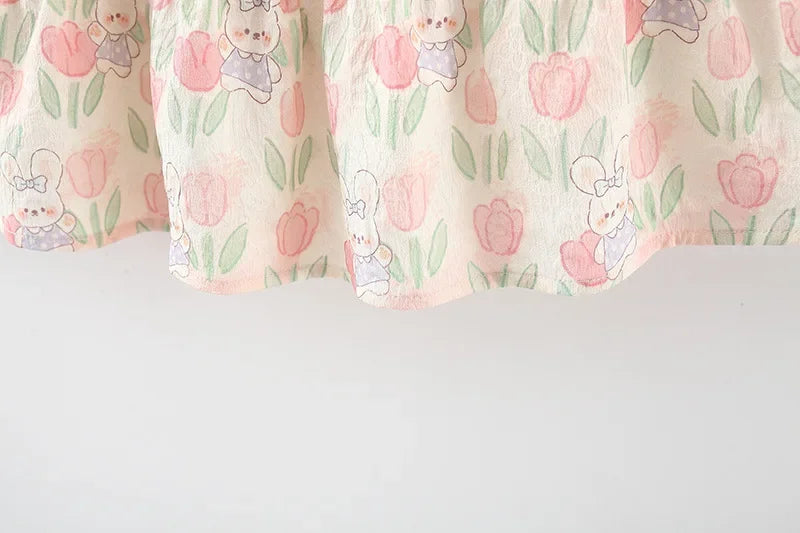 Summer Hardwear Girl Dress Tulip Cartoon Rabbit Print Small Flying Sleeves Flower Neck Bow Ribbon Tulip Flower Pattern - TiniLoom
