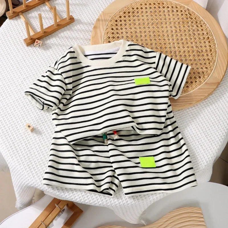 2Pcs Fashion Children Short Sleeve Shorts Sets Summer Kids Clothes Boys Baby Cotton Tee Pant Outfits Black and White Stripe - TiniLoom