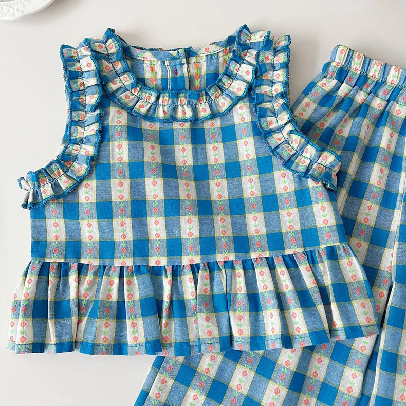 Children's Clothing Sets Blue Plaid Floral Print Sleeveless Top + Wide Leg Pants + Shorts 3 Pcs Sets Kids Clothes for Girls - TiniLoom