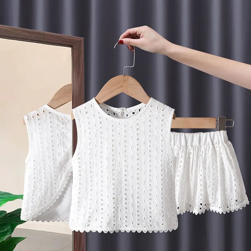 Girl's Clothing Sets 2023 Summer Korean Thin Knitted Girl Set Children Hollow Breathable Vest + Wide Leg Pants Two-piece Suit - TiniLoom