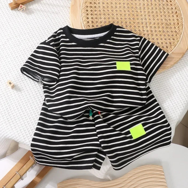 2Pcs Fashion Children Short Sleeve Shorts Sets Summer Kids Clothes Boys Baby Cotton Tee Pant Outfits Black and White Stripe - TiniLoom