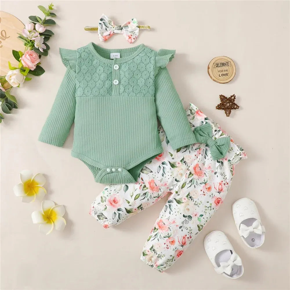 3PCS Baby Girl Clothes Set Long Sleeve Romper Top+Flowers Pant+Headband Spring&Autumn Lovely Outfit for Toddler Girl 0-18 Months - TiniLoom
