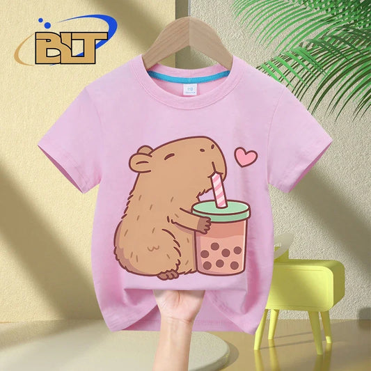 Cute Capybara Loves Bubble Tea print kids T-Shirt summer children's short-sleeved casual tops boys and girls gifts - TiniLoom