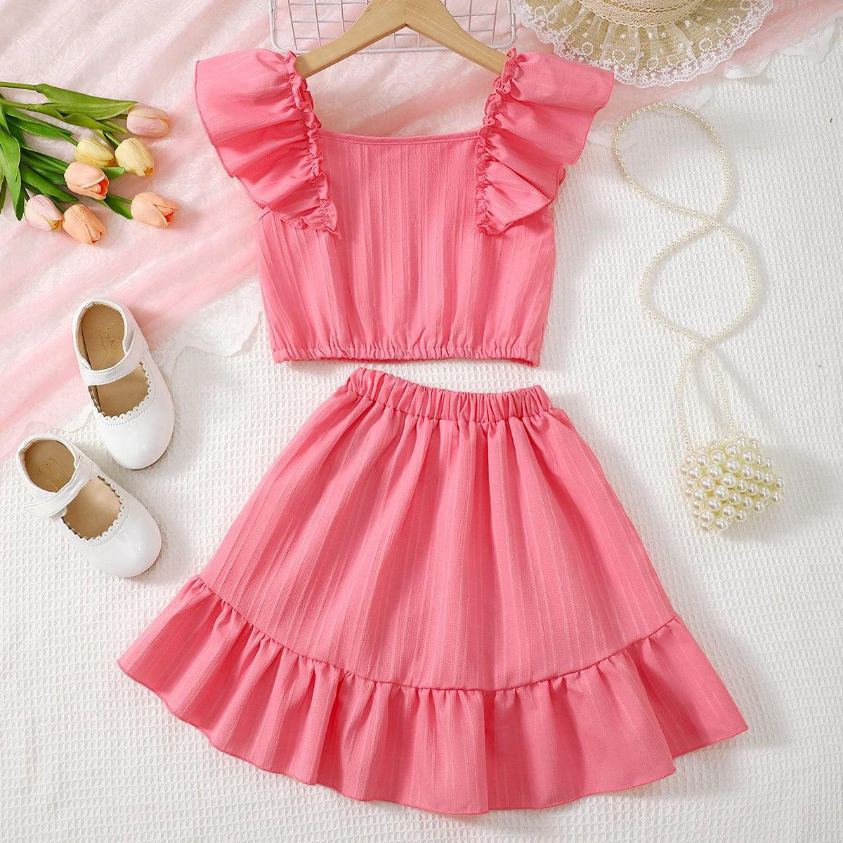 Kid Girls Summer Princess Clothing Set Flutter Sleeve Plain Color Tops+Short Skirt Sweet Style Party Wear For Child 8-12 Years - TiniLoom