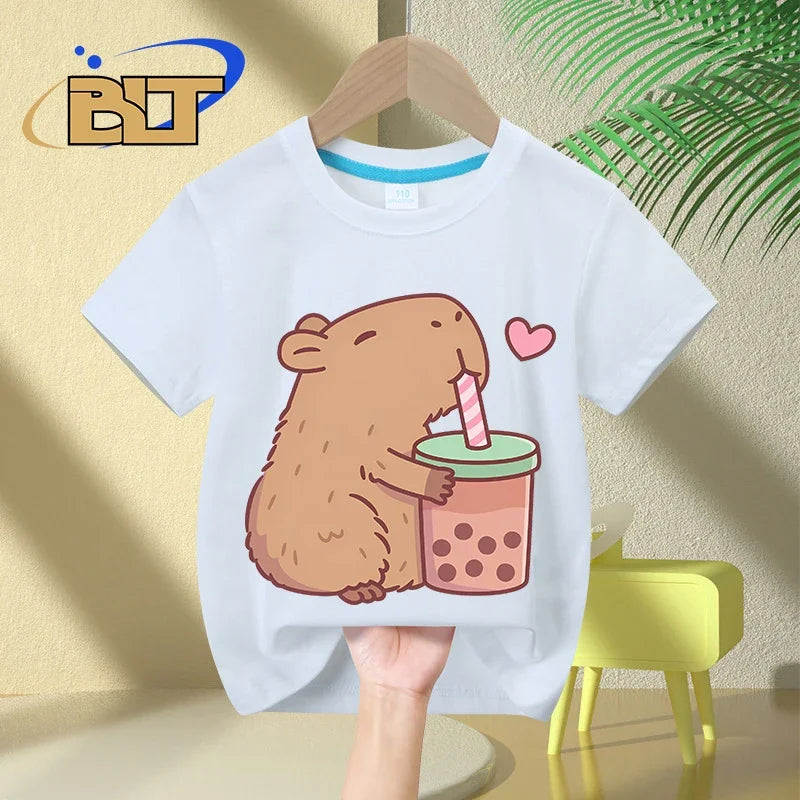 Cute Capybara Loves Bubble Tea print kids T-Shirt summer children's short-sleeved casual tops boys and girls gifts - TiniLoom