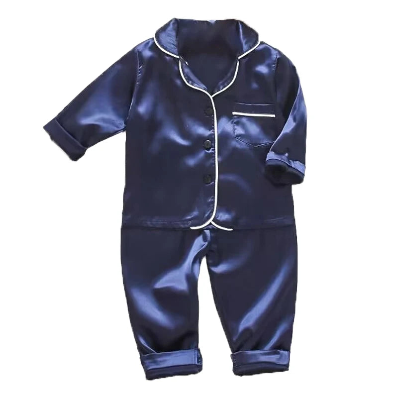 Korean version of childrens pajamas set silk satin long sleeve top+trousers two -piece male baby girl cartoon solid color set - TiniLoom