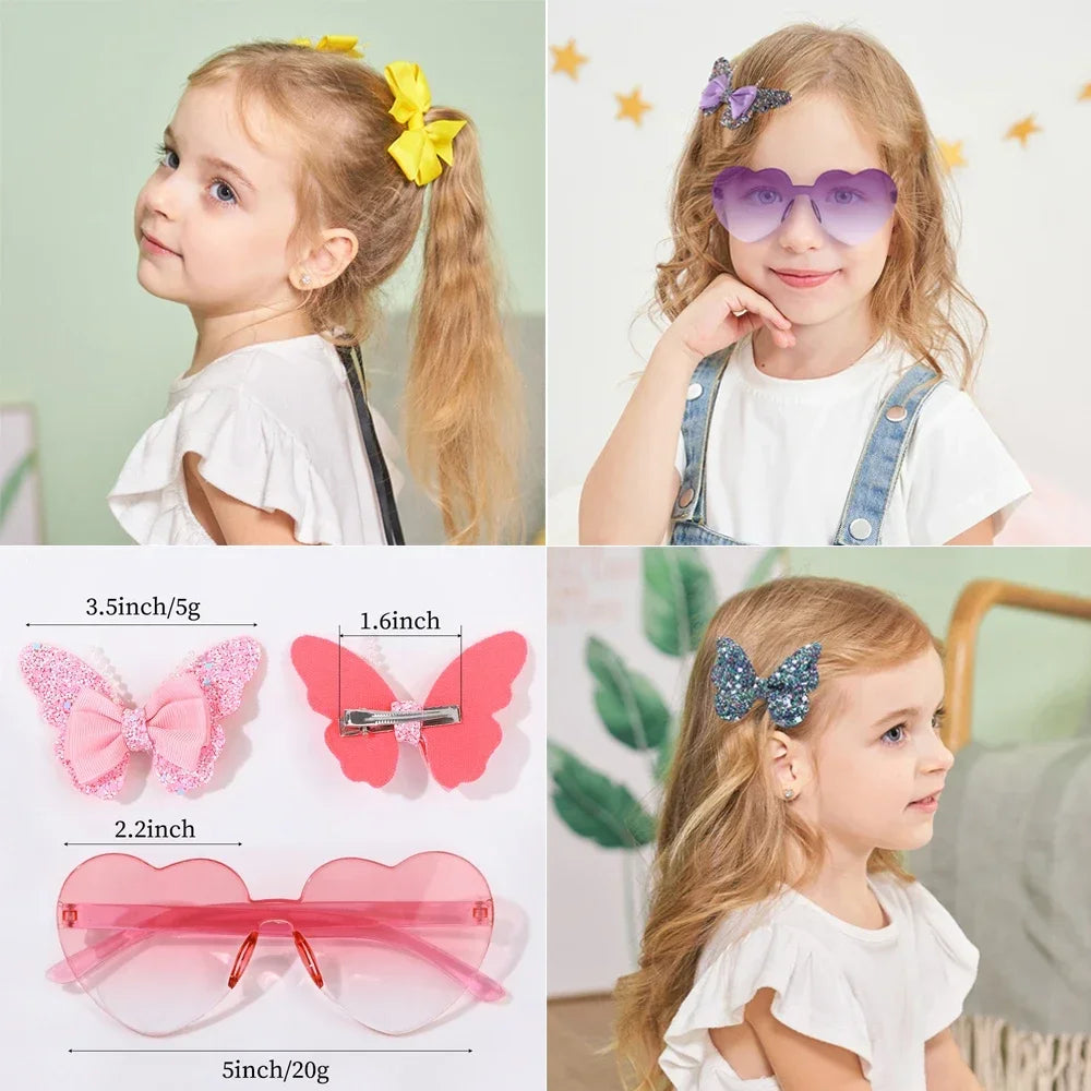BABY BOWS Butterfly Hairclip Set for Kids Lovely Glasses Accessories Fashion Party Girls Dress Hairpins Headband Gift Set