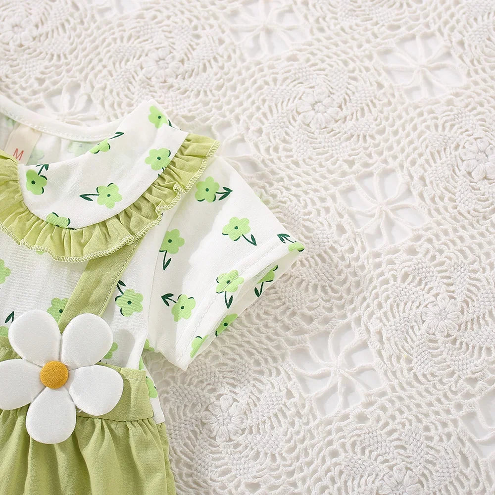 (0-3 Years Old) Summer Baby Girl Cotton Flower Fake Two-Piece Shoulder Strap Dress Girl Cute Short Sleeved Dress - TiniLoom