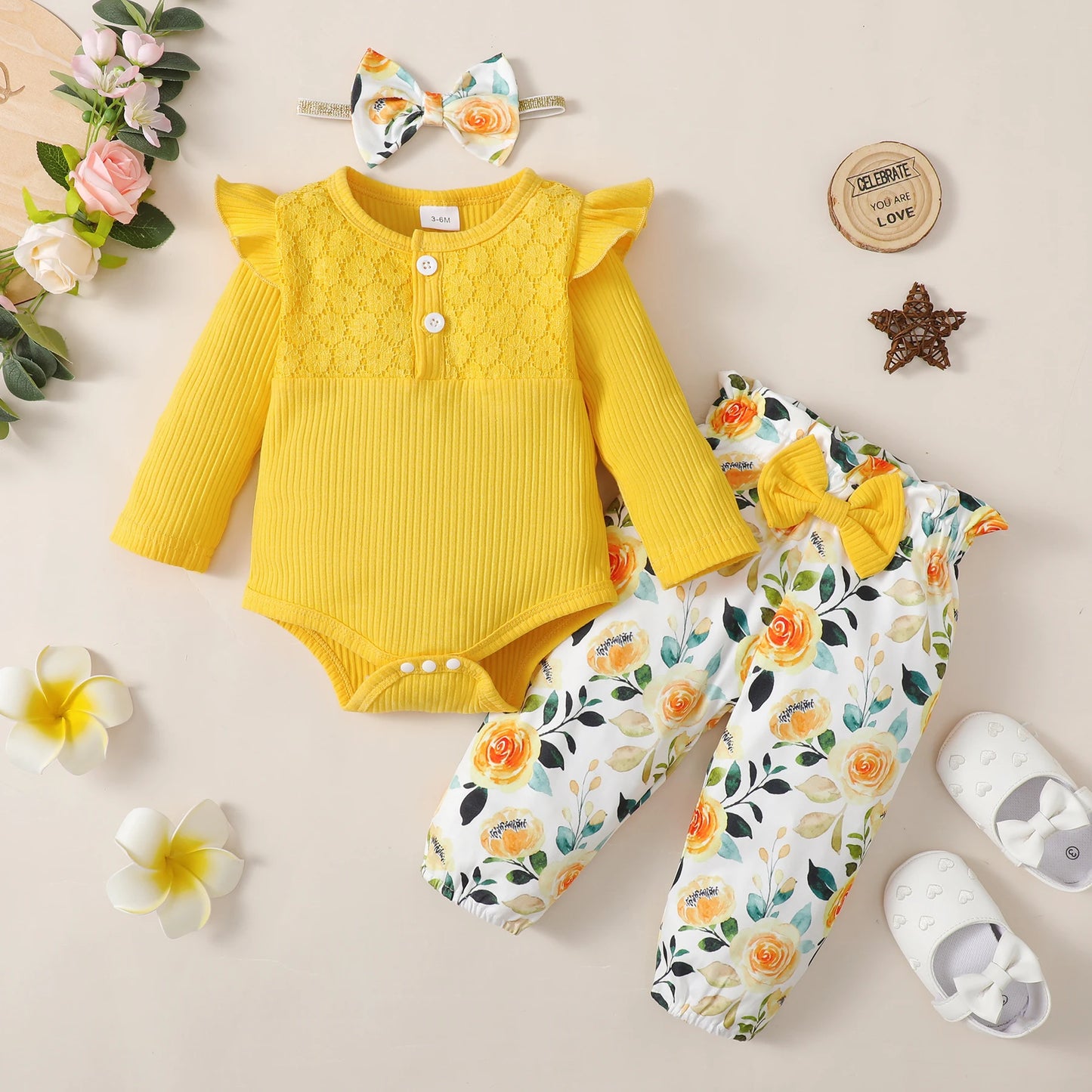 3PCS Baby Girl Clothes Set Long Sleeve Romper Top+Flowers Pant+Headband Spring&Autumn Lovely Outfit for Toddler Girl 0-18 Months - TiniLoom