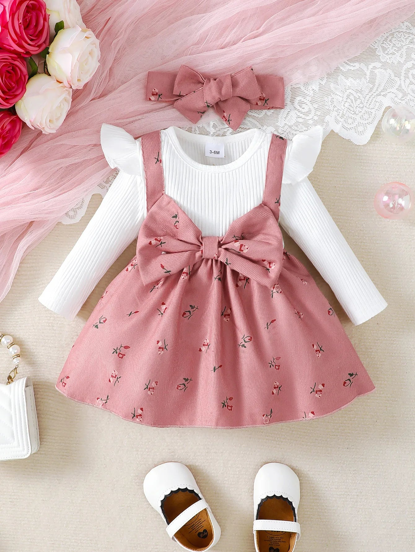 2pc/Set childrens' baby girl Dress Color blocking Broken flowers Big Bow Princess Dress+Headband 0-24 Months Baby Fashion Dress - TiniLoom
