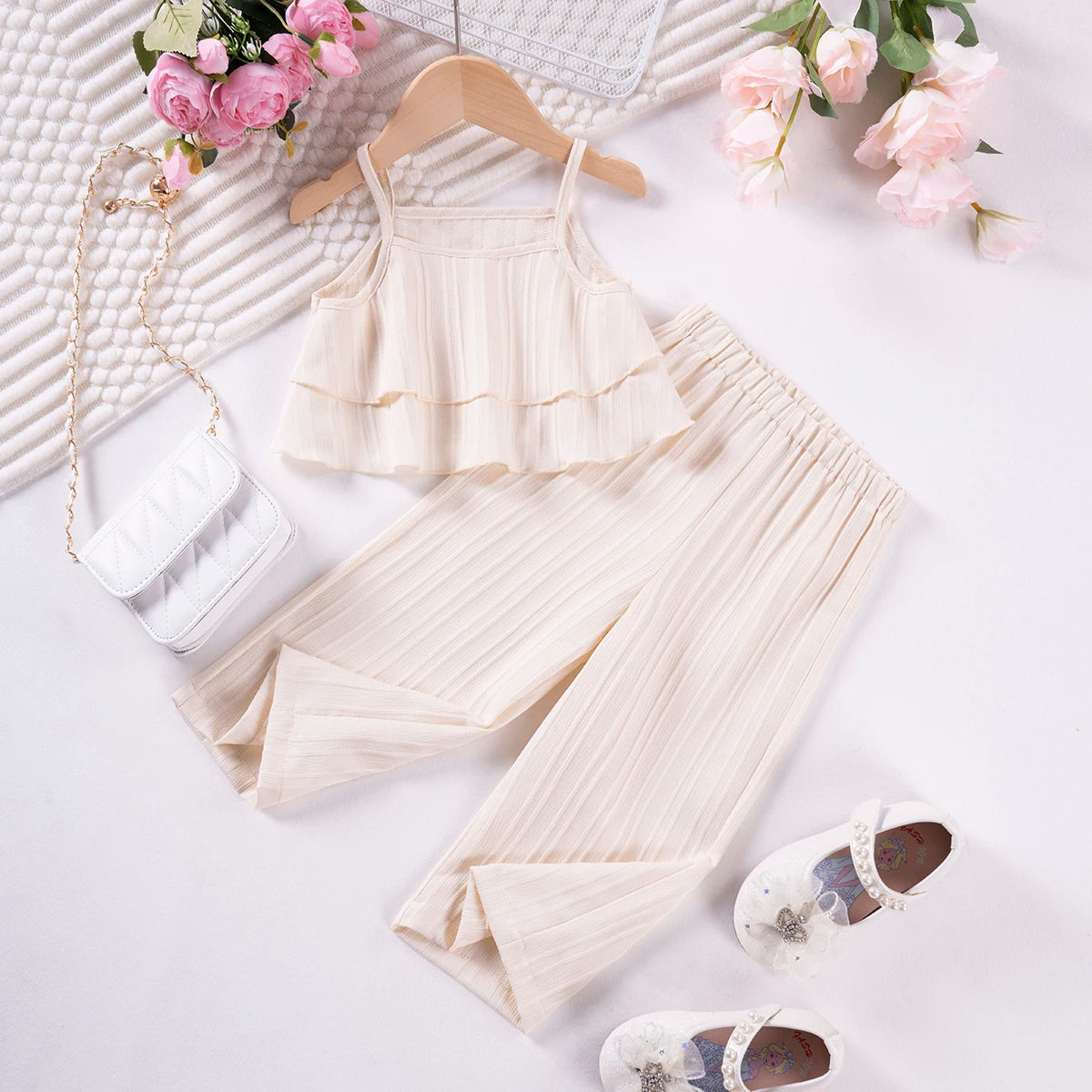 Girls Solid Color Suspenders Summer Suspenders Ruffles + Wide Leg Pants 2 Pieces Dress Set White Cute Elegant Baby Clothes - TiniLoom
