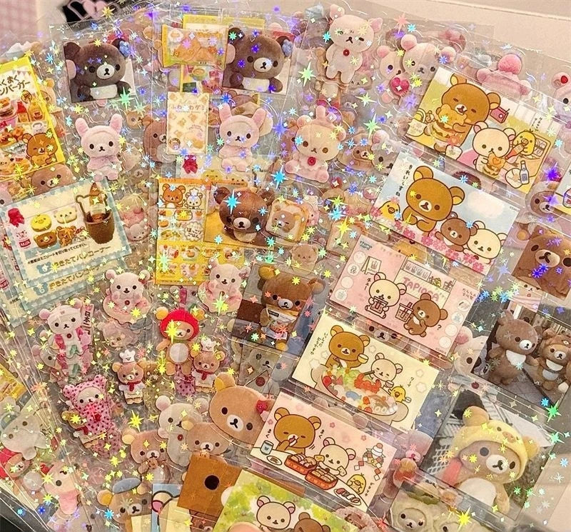 5pcs Kt Rilakkuma Cartoon Die-Cutting Sticker Kt Cat Diy Flashing Laser Stickers Anime Handbook Material Stickers Girl Kid Gift - TiniLoom