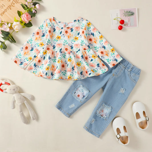 1-4 Years Kids Girls Suit Long Sleeve Flower Ruffle Tops+Elastic Waist Denim Pants 2pcs Set Toddler Girl Clothes Spring Outfit - TiniLoom