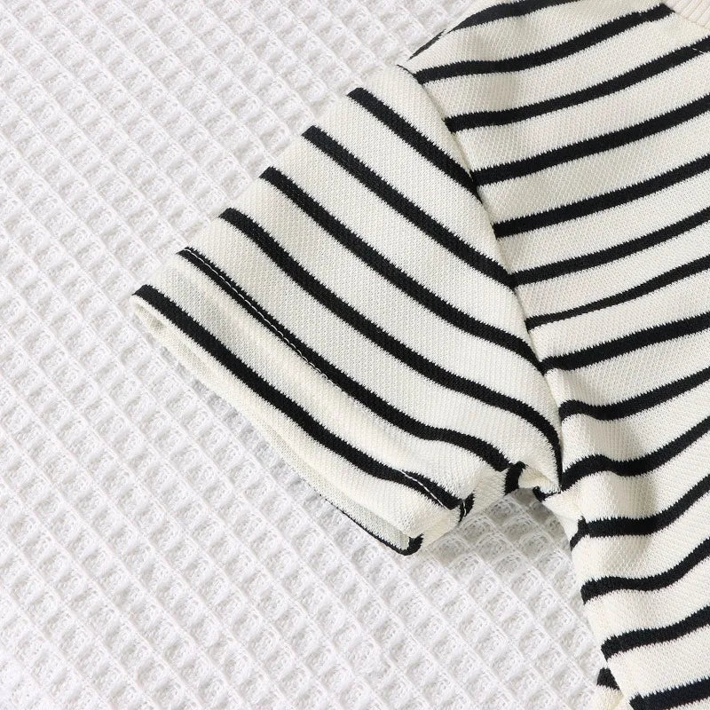2Pcs Fashion Children Short Sleeve Shorts Sets Summer Kids Clothes Boys Baby Cotton Tee Pant Outfits Black and White Stripe - TiniLoom