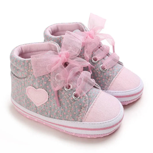 Best-selling Newborn Baby Infant Wearable Toddler Girls Canvas Shoes Heart Bow Tie Baby Lace Casual Shoes Anti-slip Soft Cotton - TiniLoom
