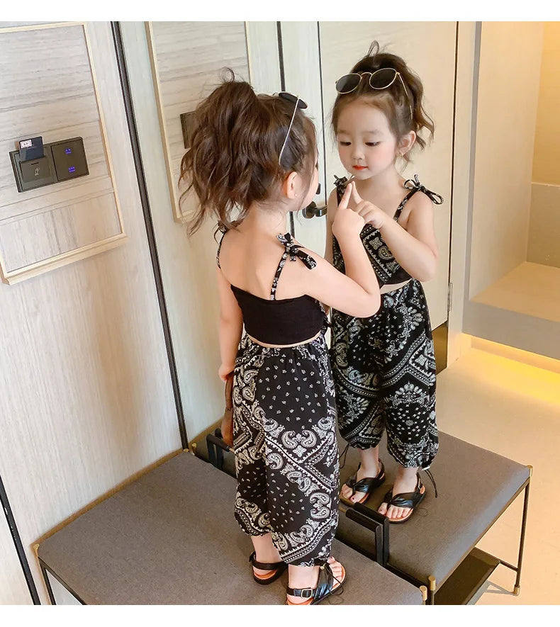 3-6Years Summer Suit Thin Girls Suit Suspender Mosquito-proof Pants Two Pieces of Cute Girl Children's Clothes - TiniLoom