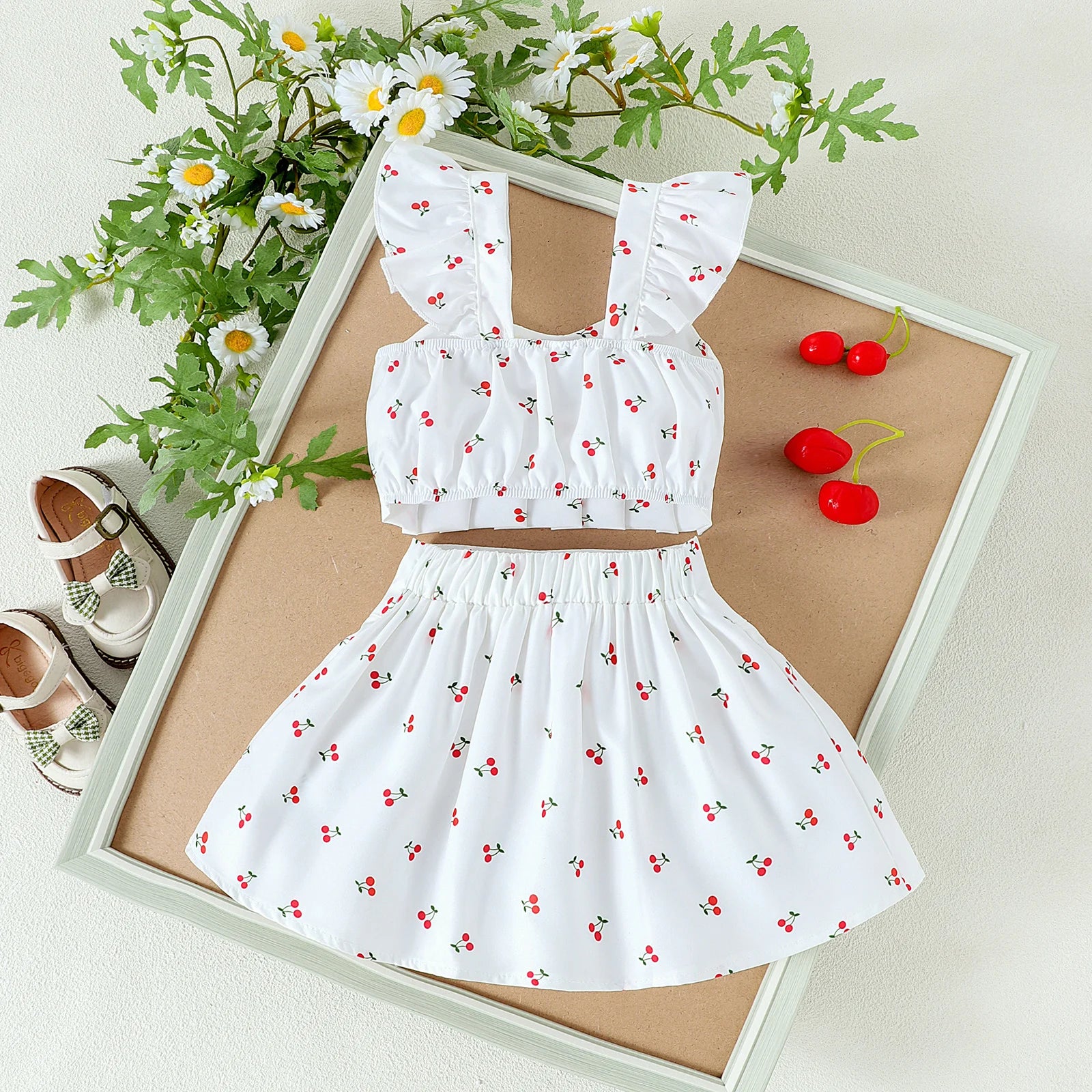 2PCS  Summer New Style Girls 1-4 Years Old Comfortable Sweet Cherry Love Pattern Top + Short Skirt Set - TiniLoom