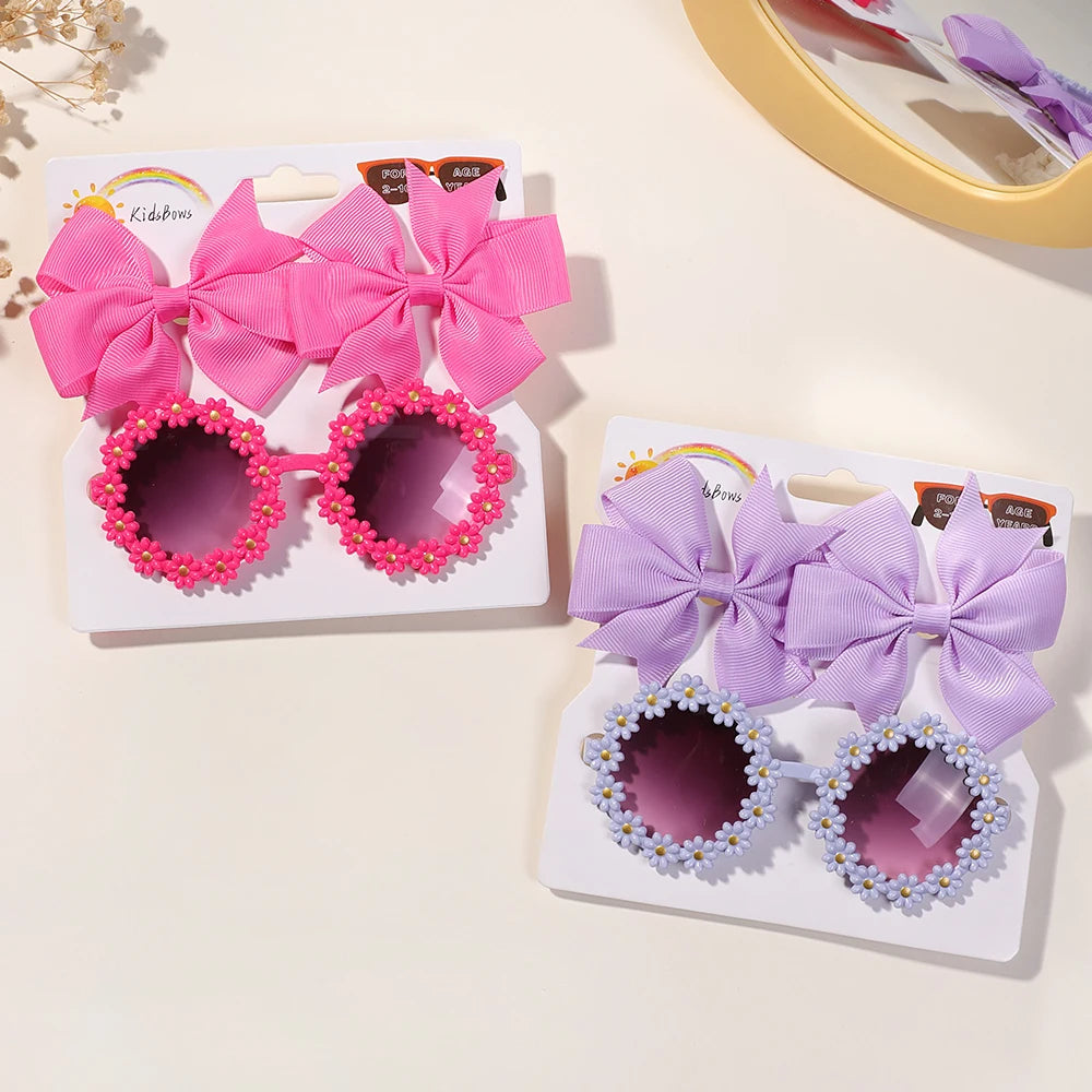 3Pcs/set Cheer Bow Hairclips Retro Flower Sunglasses for Kids Printing Handmade Hairgripes Girls Headwear Glasses Accessories - TiniLoom