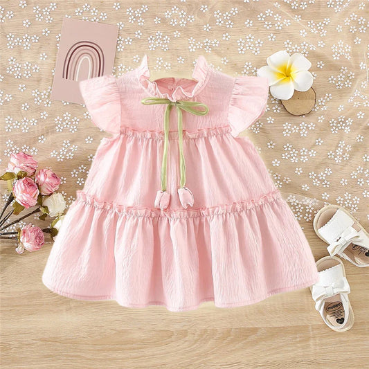 Summer Tulip Solid Small Flying Sleeves Dress For Kids Girl Cute Pink Princess Dress For Baby Kids - TiniLoom