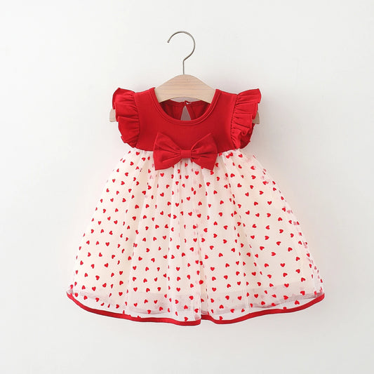 Baby Girl Red Dress Heart Embroidered Mesh Bow Tutu Dress Kids Birthday Party Clothes - TiniLoom