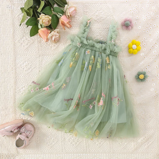 Cute Toddler Girls Mesh Suspenders Bow Dress Fuffy Tulle Tutu Princess Dress Summer Baby Girls Embroidery Flower Casual Wear - TiniLoom