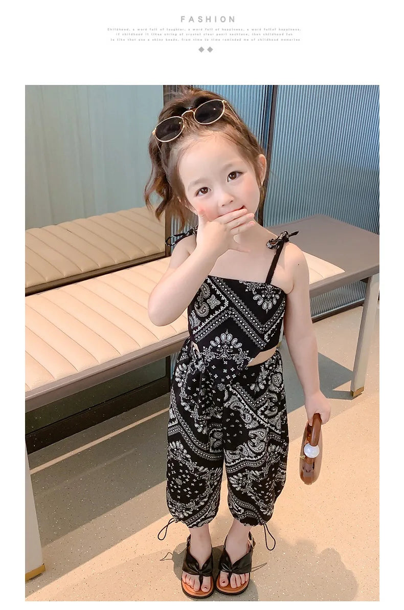 3-6Years Summer Suit Thin Girls Suit Suspender Mosquito-proof Pants Two Pieces of Cute Girl Children's Clothes - TiniLoom