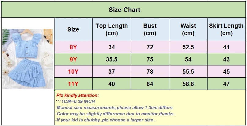 Kid Girls Summer Princess Clothing Set Flutter Sleeve Plain Color Tops+Short Skirt Sweet Style Party Wear For Child 8-12 Years - TiniLoom