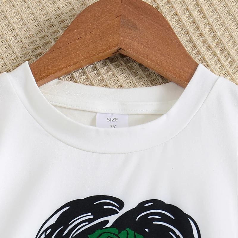 2pcs Girl Fashion Minimalist Cartoon Print Breathable round Neck Knit Top Summer Thin Wide Leg Pants Set - TiniLoom