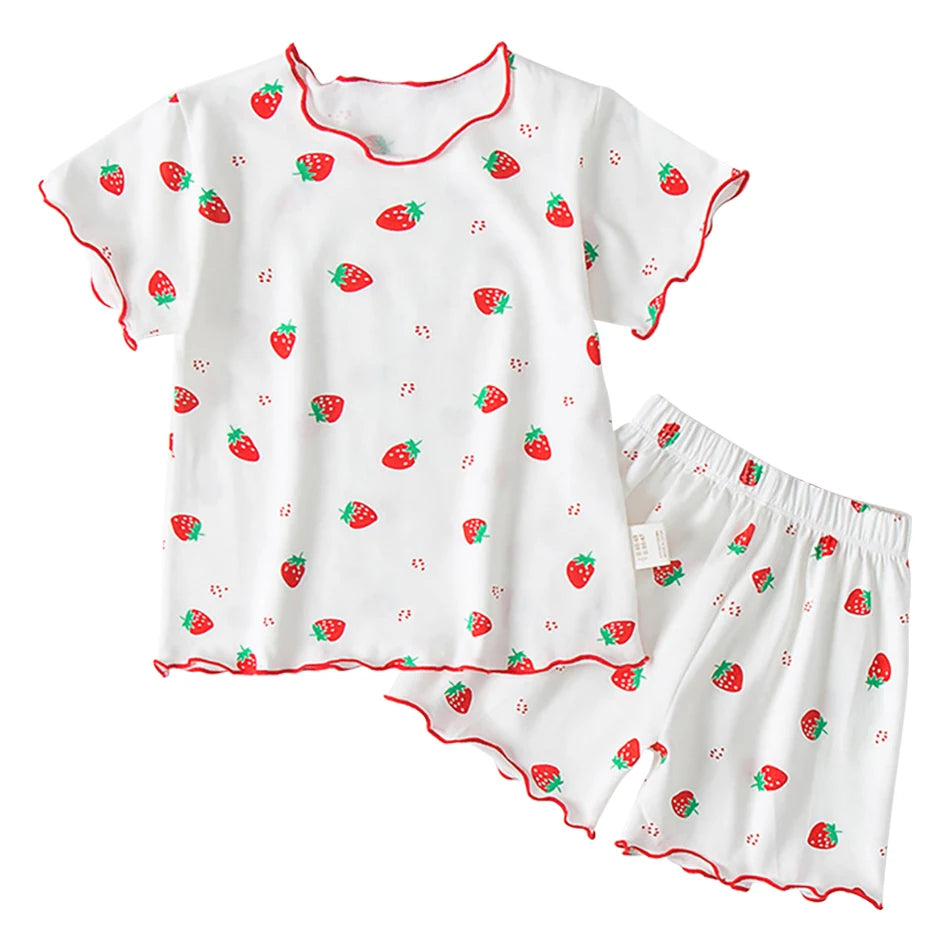 Girls Summer Pajama Sets Stylish Cartoon Pattern Printing Short Sleeve Top and Pants Made from Luxurious Cozy Ice Silk Material - TiniLoom