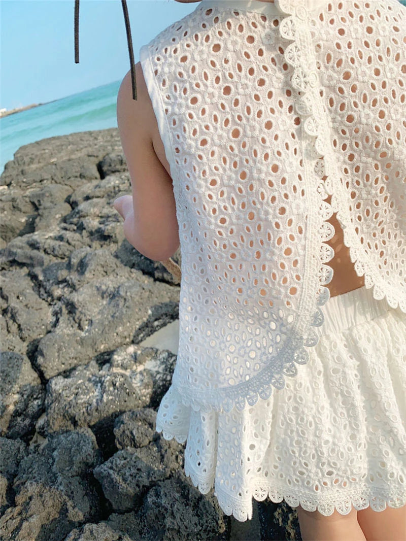 Girls 2024 Summer Clothing Sets Hollow Lace Suit Baby Casual Sleeveless T-shirt+Shorts Kids Clothing Sets Baby Clothes Outfits - TiniLoom