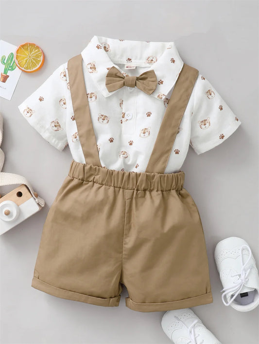 2PCS Infant Boy Clothes Set Tiger Print Short Sleeve with Bow+Strap Shorts Casual Party Birthday Suit for Toddler Boy 0-2 Years - TiniLoom