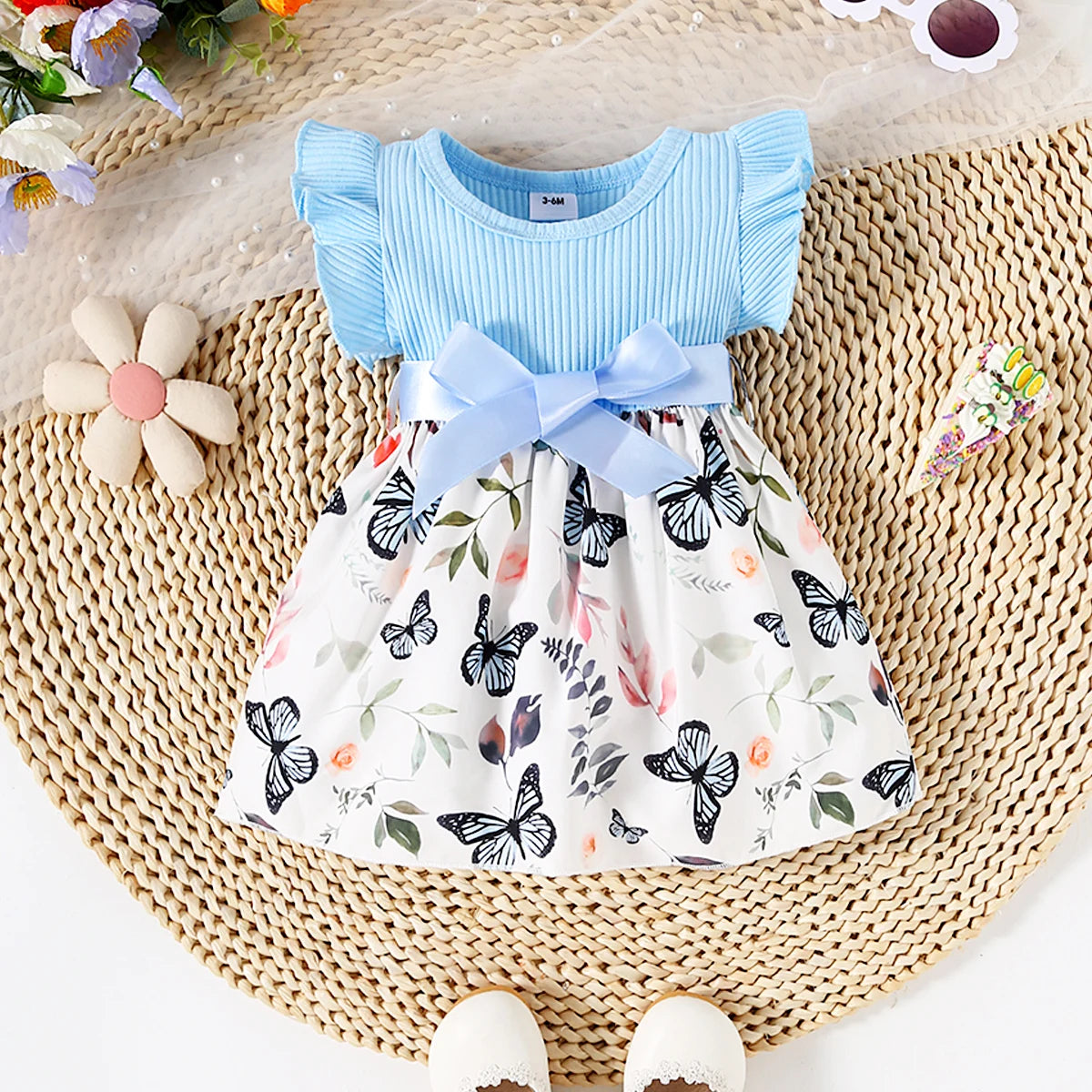 Baby Girl Butterfly and Plant Polka Dot Print Ruffle Sleeve Belt Dress + Ribbon - TiniLoom