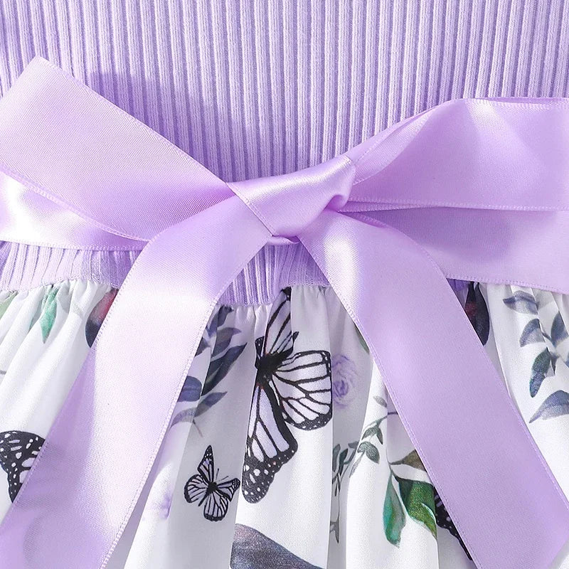 Set For Kids  Girl 3-7 Years old Ruffled Sleeve Butterfly Floral Tulle Cute Princess Formal Dresses with Belt Ootd For Baby Girl - TiniLoom