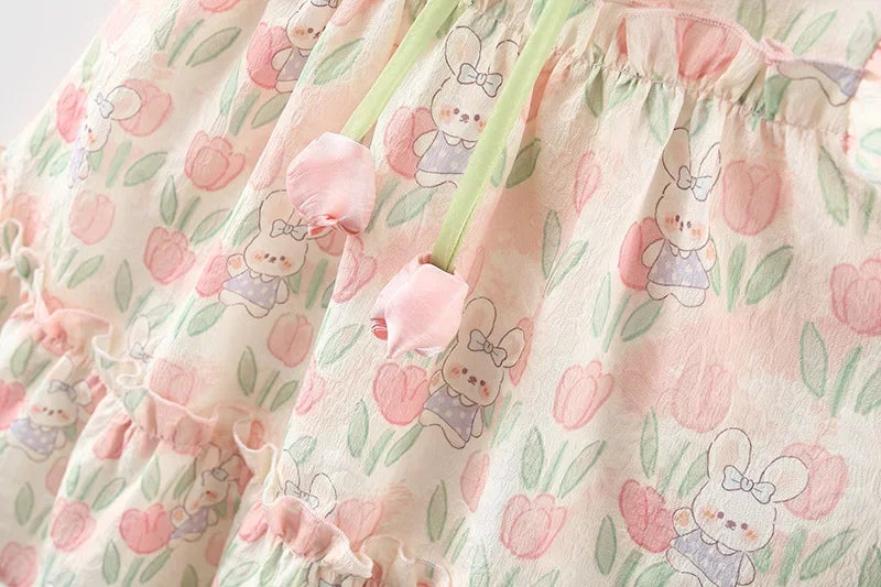 Summer Hardwear Girl Dress Tulip Cartoon Rabbit Print Small Flying Sleeves Flower Neck Bow Ribbon Tulip Flower Pattern - TiniLoom