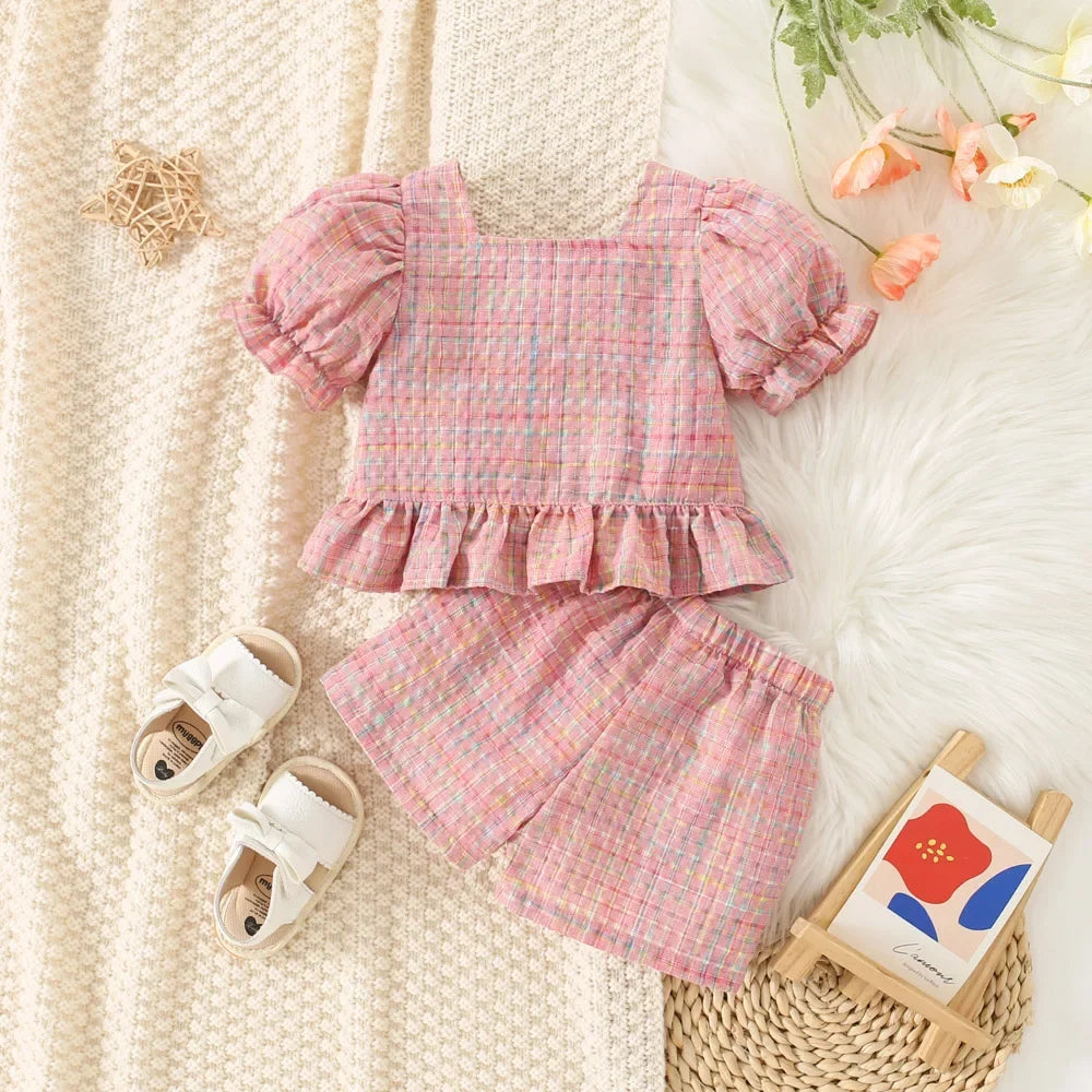 (0-3 Years Old) Summer Baby Girl Cotton Colored Plaid Bubble Sleeve Top and Shorts Set Cute Princess Style Girl Two-piece Set - TiniLoom