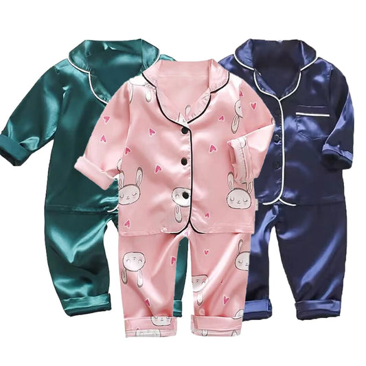 Korean version of childrens pajamas set silk satin long sleeve top+trousers two -piece male baby girl cartoon solid color set - TiniLoom