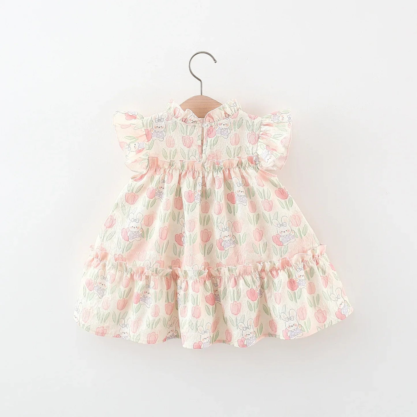 Summer Hardwear Girl Dress Tulip Cartoon Rabbit Print Small Flying Sleeves Flower Neck Bow Ribbon Tulip Flower Pattern - TiniLoom