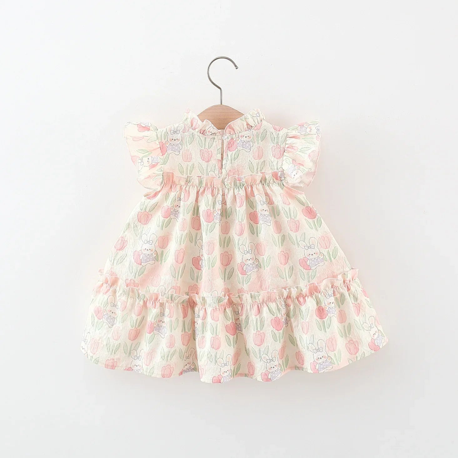 Summer Hardwear Girl Dress Tulip Cartoon Rabbit Print Small Flying Sleeves Flower Neck Bow Ribbon Tulip Flower Pattern - TiniLoom
