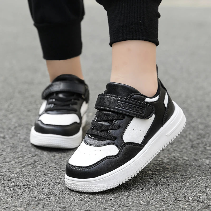 Children Sneaker Boys Casual Shoes Black Leather Flat Student Walking Shoes Non-slip Girl Lightweight Sports Tennis Footwear - TiniLoom