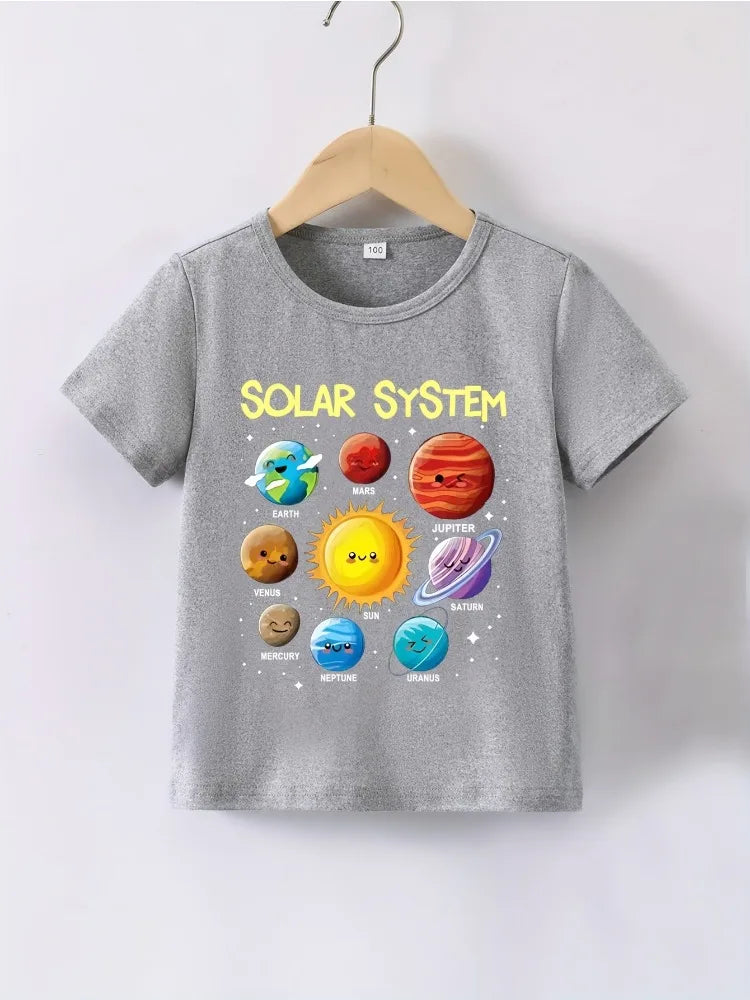Summer Baby Boy Clothes Kid Girls Casual Solar System Planets Printed T-shirts Children Fashion Crew Neck Short Sleeve Top - TiniLoom