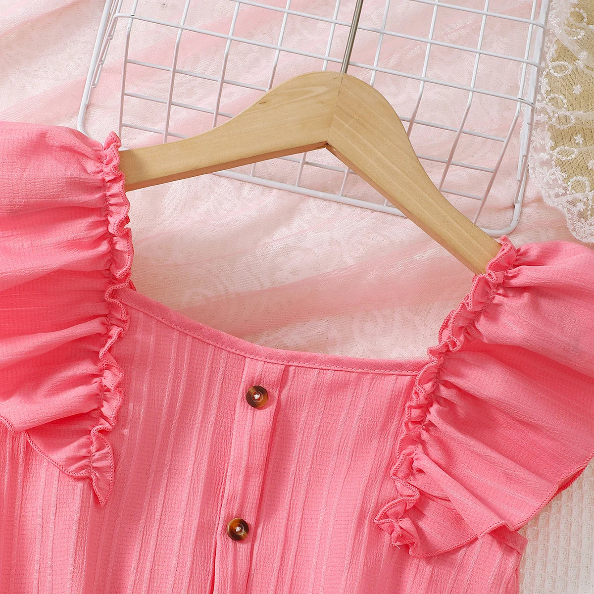 Kid Girls Summer Princess Clothing Set Flutter Sleeve Plain Color Tops+Short Skirt Sweet Style Party Wear For Child 8-12 Years - TiniLoom