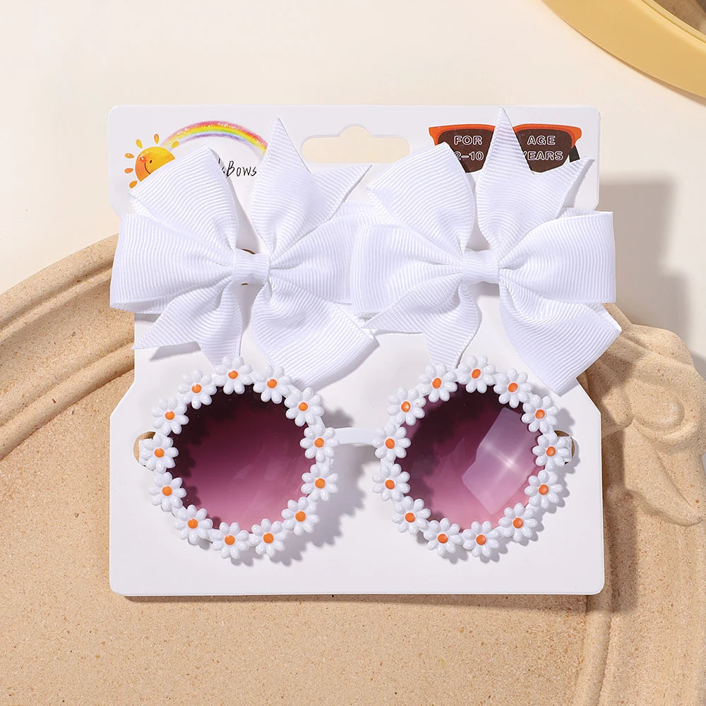 3Pcs/set Cheer Bow Hairclips Retro Flower Sunglasses for Kids Printing Handmade Hairgripes Girls Headwear Glasses Accessories - TiniLoom